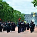 people parading on road beside Buckingham palace near trees